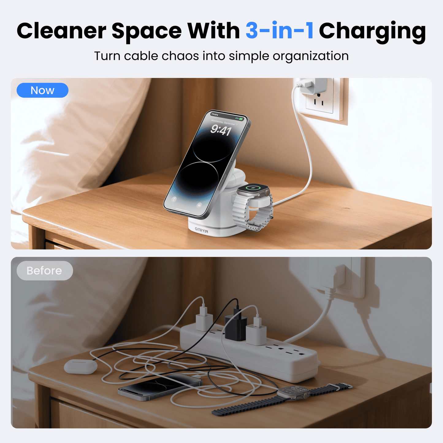 Gitryin Magnetic 3-in-1 Wireless Charging Station for 3C Devices