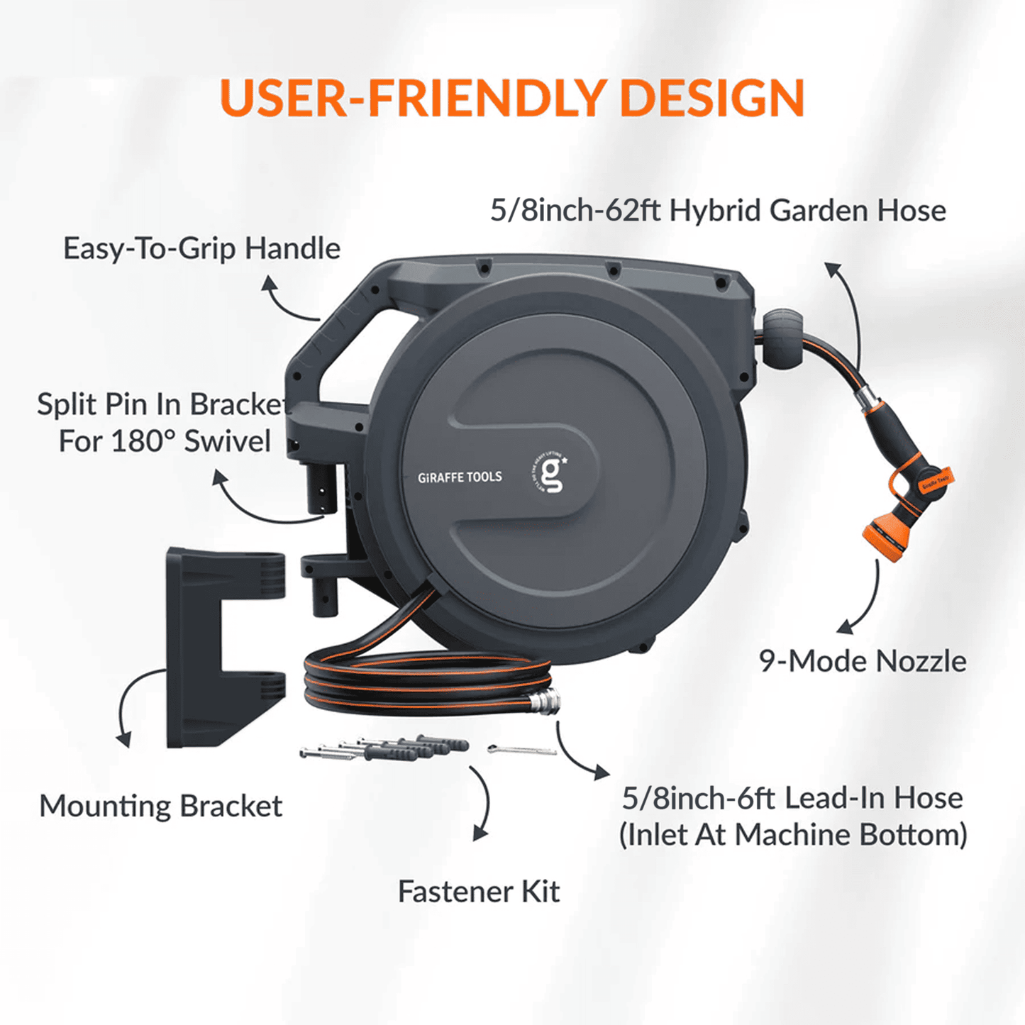 Retractable Garden Hose Reel-5/8in-62ft