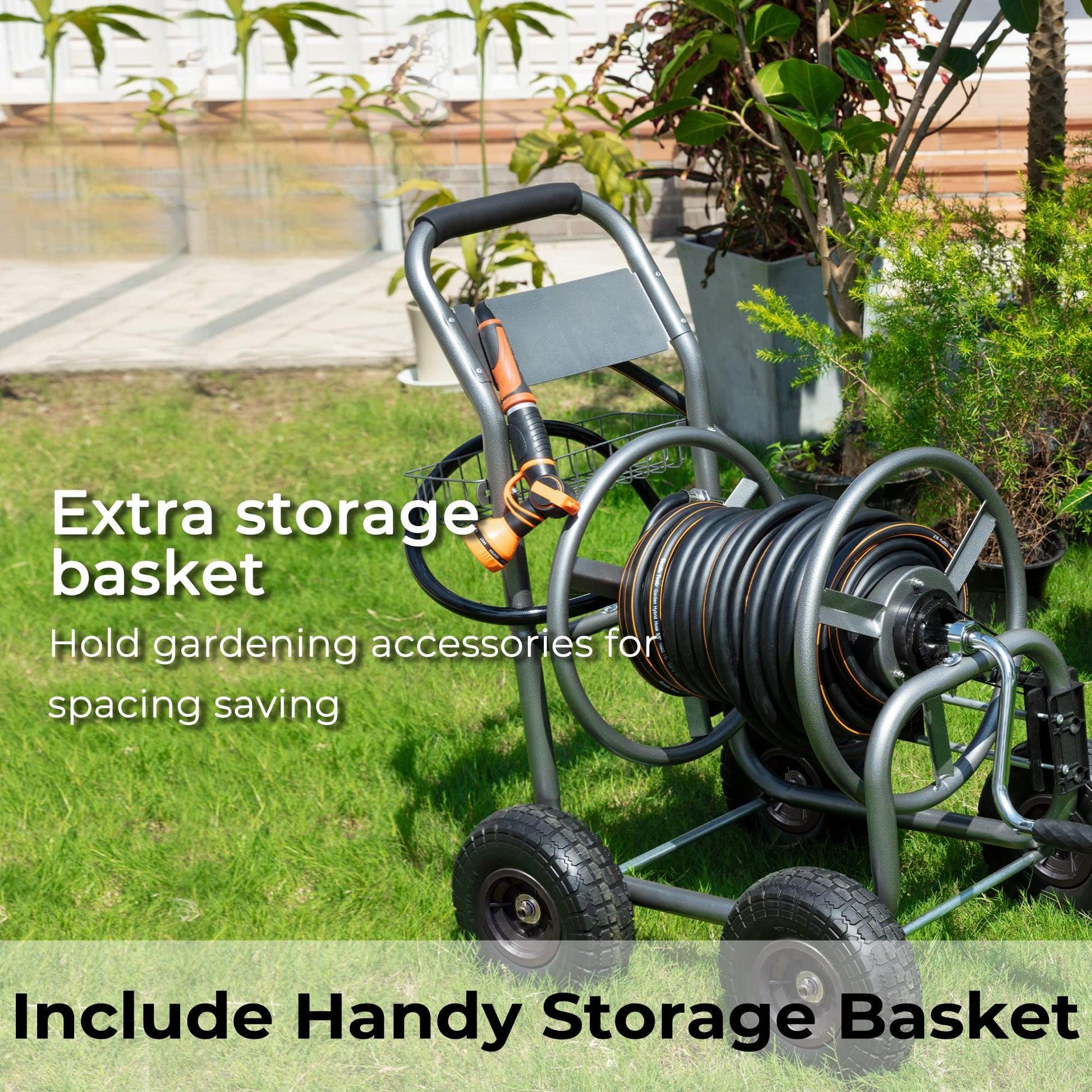 Garden Self-Guiding Hose Reel Cart-Heavy Duty - Giraffe Tools