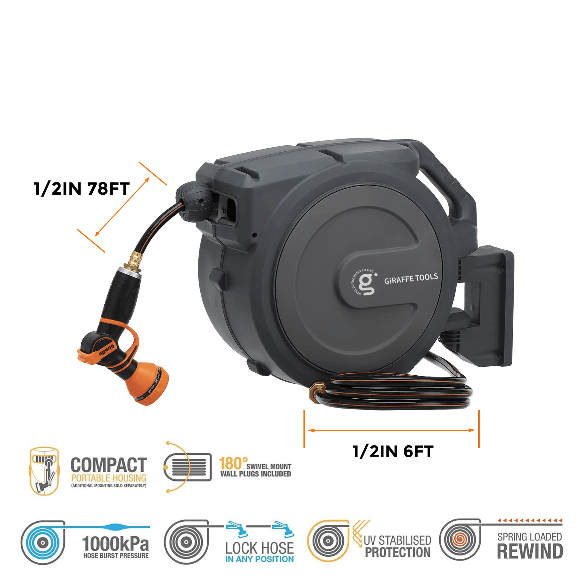 Garden Retractable Hose Reel-1/2in-78ft - Giraffe Tools