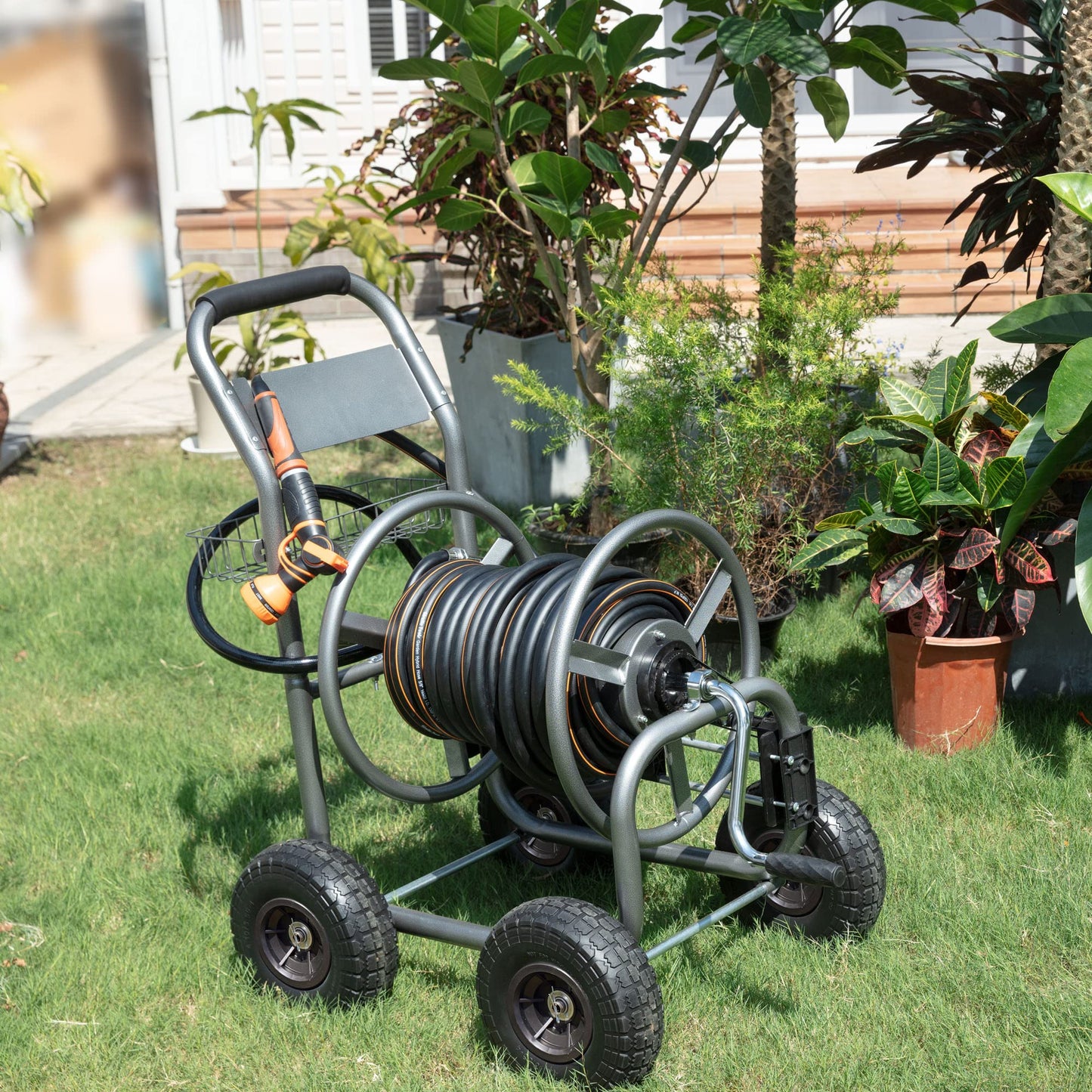 Garden Self-Guiding Hose Reel Cart-Heavy Duty - Giraffe Tools