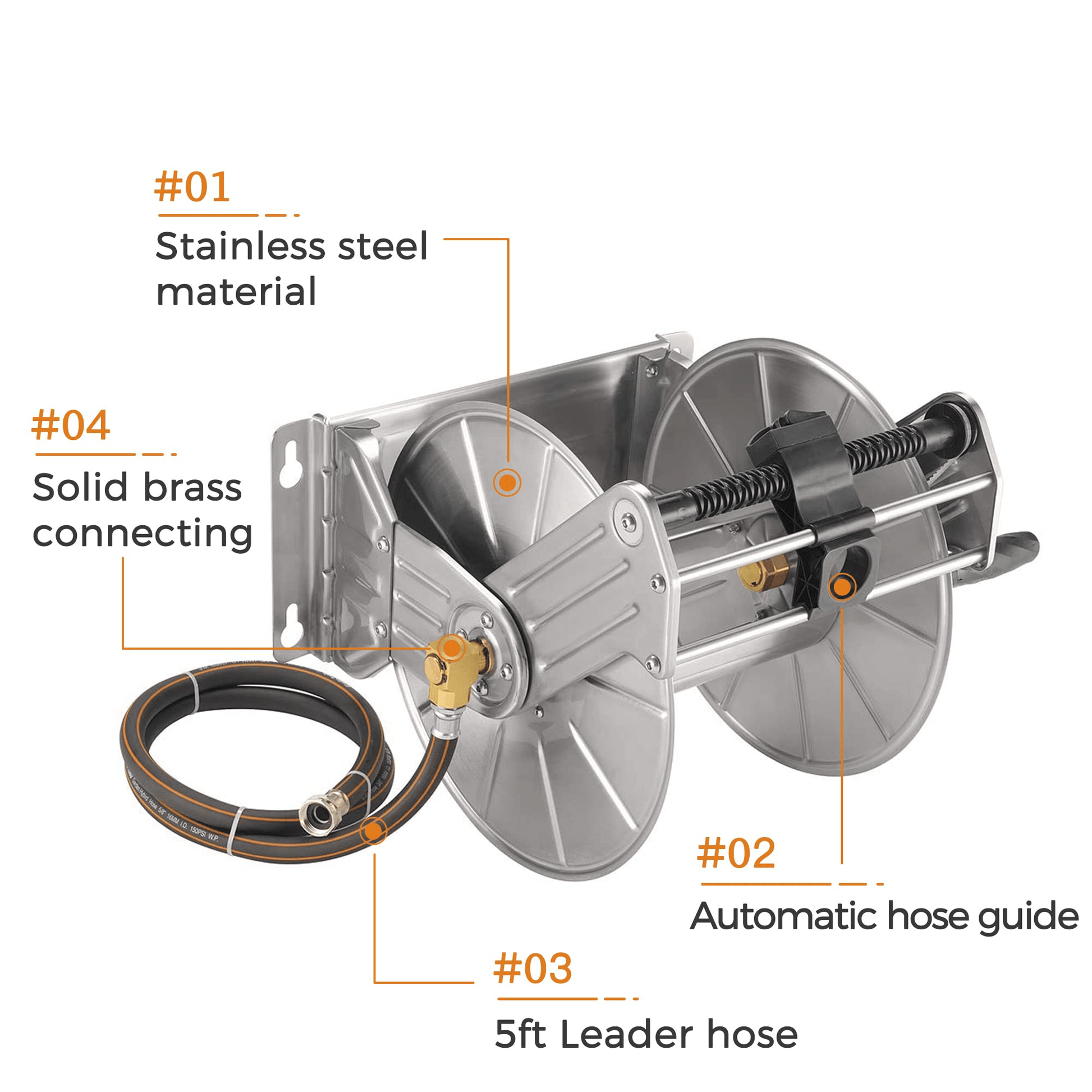 Garden Self-Guiding Hose Reel-Stainless Steel-Wall mounted - Giraffe Tools