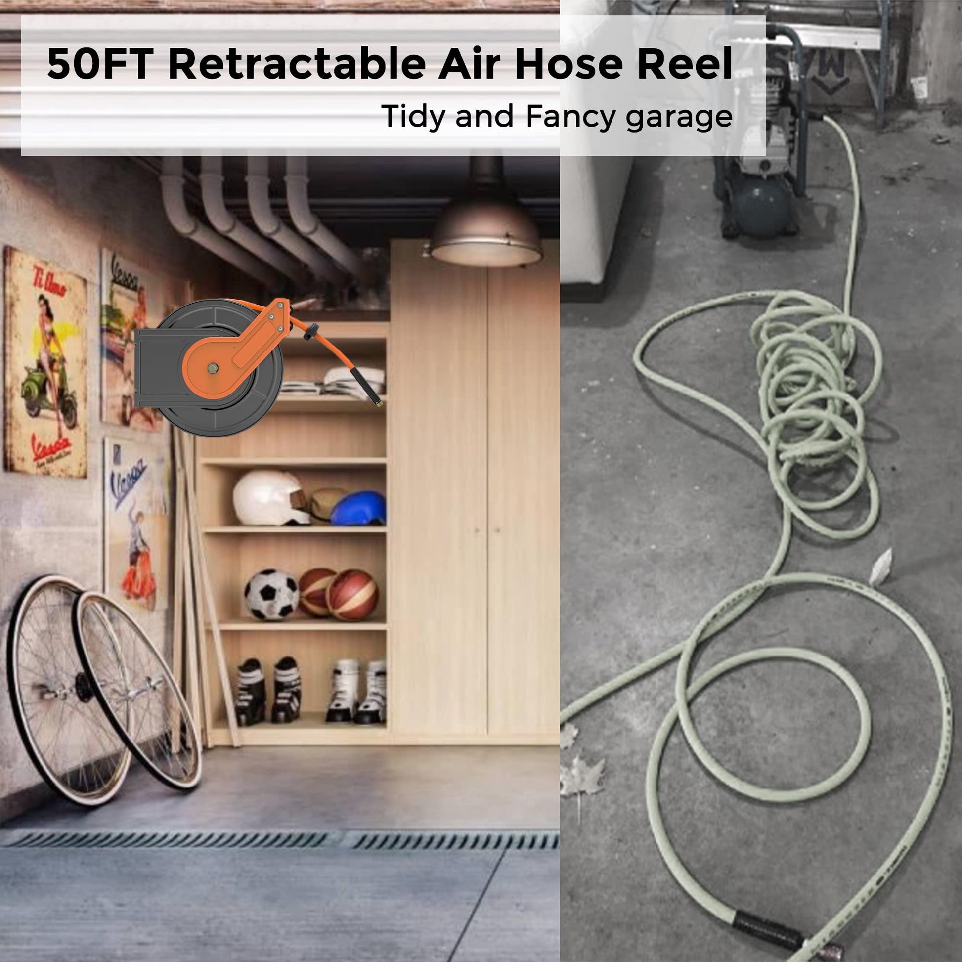 Retractable Air Hose Reel-Alloy Steel Reel-3/8in-50ft - Giraffe Tools